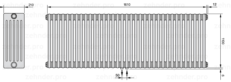Схема (чертеж) Радиатор Zehnder Charleston 6110/35 №5410 Белый глянцевый RAL 9016
